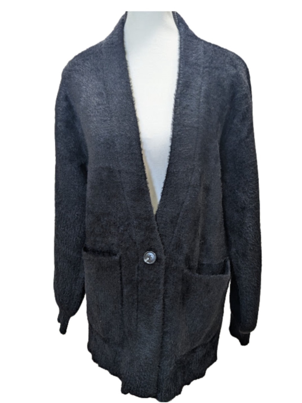 Nine West Fuzzy Heavy Cardigan Black Cozy Soft Knit Button Front Pockets L NWT